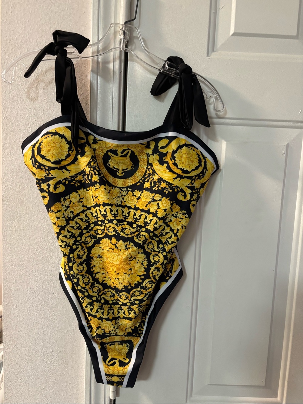 Black and Yellow Floral Medallion One-Piece Swimsuit with Tie Shoulders
